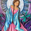 Woman with blue shawl looking down