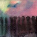 This is a loose watercolor painting, about 6”x9” on paper depicting impressions of human forms in a line moving into the distance and eventually upwards. The colors are pinks, blues, white and the human forms are painted in black.