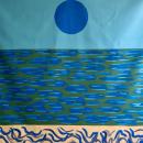The Atlantic Ocean, especially, is of a dark green color, but the blue movement of the water depicts the Pacific Ocean.
