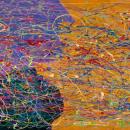 Abstract Expressionist acrylic painting on board, positioned horizontally. Left side is light purple, right side is orange with light green, cream, medium yellow, red, dark pink, lilac, and medium blue drip patters across the board.