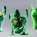 This X-ray photogram collage visually represents waves of nausea as panorama. In each of 5 iterations of the stomach x-ray, images of decaying fish swim around stomach cavities exposed beneath a woven ribcage lattice in shades of gree. The images move in a wave from ethereal teal to neon to browning algae slime on a backdrop of cold surgical steel.