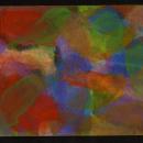 Abstract Expressionist acrylic painting on board, positioned horizontally. Pops of red, green, orange, yellow, blue and lilac appear randomly and on top of each other. 