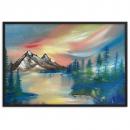 Painting of a mountain landscape with a body of water and trees in front of it. 