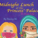 Paisley Ali illustrated this children’s book cover for “Midnight Lunch at the Princess’ Palace” with gold font atop a purple starry sky. At right an Arab muslim teen in aqua hijab lunches on a shawarma. Next to her a blond child munches on a watermelon.