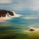 Painting of the sea with large rocks.