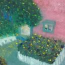 Painting of the front of a pink house with a small garden, window, and a tree.