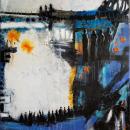 There are four very distinct horizon lines that form layers across the painting.  On each horizon line, you see the backlit silhouettes of human figures walking in processional style from the right side to the left side of the canvas. 