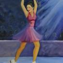 You see an Asian figure skater in the center of the canvas in the spotlight with her arms above her in a graceful pose in front of the audience; their features remain anonymous while she is front and center with vivid colors and features. Her eyes close as she comes to the end of her program. Her gold pendant on a red string sways to the left as she comes to a stop. The hem of her magenta halter dress skirt flows gracefully as her silver toe picks dig into the crisp white ice as she poses. 