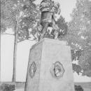 Black and white drawing of a firefighter statue. 