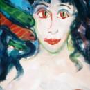 Painting portrait of woman with dark curly hair with fish near her hair.