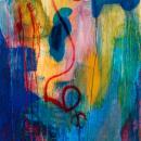 Abstract Expressionist acrylic painting on board, positioned vertically. Abstract shapes of medium blue contrast with softer shades of the blue yellow and pink background. Large red swirl appears at the center.