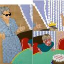 This painting is on three different-sized panels that are staggered to make one whole painting of a little boy’s birthday celebration. To the left is his grandmother in a blue checkered dress, clapping her hands. She is wearing dark sunglasses. Her hair is gray, and parts of it are floating straight up in mid-air. On the right is a little boy in front of a white birthday cake. On it, it says, “Happy Birthday Mikey.” To the right of him is another female adult in a pink dress. 