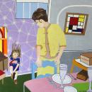 This is a painting of a mother and daughter preparing for dinner, apparently waiting for guests. To the left, a little girl in a sailor suit is trying to put on her shoes, holding herself up by a brown table in front of a graphic lavender and white wallpaper. Her face is severely distorted, and her clothing is ripped open to expose a scar that runs horizontally across her chest. Her mother stands by a set table in a yellow dress suit watching her child. Mother’s dark brown hair is neatly done up.