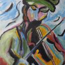 Many brushstrokes of color come together to form an abstract shape of a man playing a colorful violin