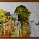Painting of a yellow and orange house on the left; a tree in the center; and then a river on the right.