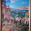 Painting of a small alley looking over an ocean and white homes in Italy. 