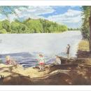Drawing of a lake with kids playing on the rocky side of the lake. 