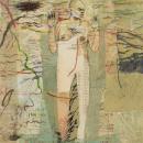A nude figure with hands raised and without feet. The colors are greens and blues with abstract suggestions of water.