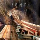 The photograph is a composite of a side view of the piano hammers removed from the box so that the hardware is visible. In the negative space around the hammer the details are replicated. Overlaid this pattern is a vintage illustration of the hammer, incus, and stapes bones of the human inner ear.