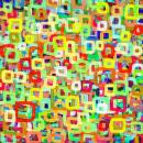Many colors of squares float throughout the digital painting composition. On the smooth shines surface which has a background color of pinkish beige sand. The marks of the squares are outlines drawn in with paint brushstrokes. There is a few squares in orange and red that appear dominantly throughout and many smaller squares in neon green overlap with all the other square colors. Some of the squares overlap or are hidden partially by other squares. They overlap big and small creating a visual distance. 