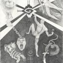 The Maya Hu Nab Ku symbol anchors the composition, pointed to by a naked man preparing to swing a rope-tethered screaming demon through a cross-shaped aperture. A woman's face cries out, a dove escaping from her open head, breaking free from its chain. A plush teddy bear is crushed by a skeletal hand next to the astrological symbol for Pluto, signifying transformation. An angelic figure, a nude woman with wings, contrasts with the serene face of Hanuman.