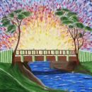 Painting of bridge with trees at both ends and a sunrise. 