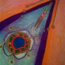 Image of a woman hanging from the center of a slanted, purple upside-down V, orange-yellow outline, circle rings around her feet reflect the motion of her body as her hands grip and her body dangles over a large flower