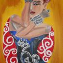 Painting of an elegant woman with her hand covering half of her face. 