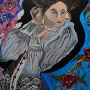 Multimedia piece with an elegant woman reaching at her earring. 