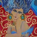 Painting of a woman with blue hair and large earrings. The red background is covered in swirls. 