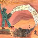 Thick sanded paste were used to create the texture of the wall. Verner glued on stained glass for the torchlight and tree. Artist's daughter created the “Give me Your Tired…” as a hand lettered, fold-out banner.