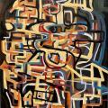 There is a tangle of lines of various colors that come together closer to the left side of the canvas. The angles and marks are abstract and criss cross on a black background.