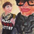 Acrylic painted on stretched canvas 40" x 30".  A young black woman with glasses and natural hair looks at the audience with a soft smile on her lips. Behind her stands a white figure wearing a "Black Lives Matter" t-shirt.
