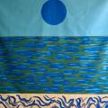 The Atlantic Ocean, especially, is of a dark green color, but the blue movement of the water depicts the Pacific Ocean.