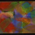 Abstract Expressionist acrylic painting on board, positioned horizontally. Pops of red, green, orange, yellow, blue and lilac appear randomly and on top of each other. 