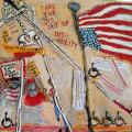 This is a brightly colored mixed media painting that is jam-packed with both images and words such as an American Flag and words "Take the Dis out of Disability".