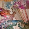Abstract painting with leaf imprints on the dried pastel paint. 