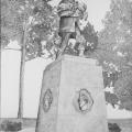 Black and white drawing of a firefighter statue. 