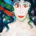 Painting portrait of woman with dark curly hair with fish near her hair.