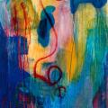 Abstract Expressionist acrylic painting on board, positioned vertically. Abstract shapes of medium blue contrast with softer shades of the blue yellow and pink background. Large red swirl appears at the center.
