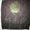 The outline of a woman, seen from behind, with the number 1, on her back, in a black square.  It is inspired by the line in a song, "If I only knew how it could  be done, you could get a ticket back to Square One."  