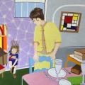 This is a painting of a mother and daughter preparing for dinner, apparently waiting for guests. To the left, a little girl in a sailor suit is trying to put on her shoes, holding herself up by a brown table in front of a graphic lavender and white wallpaper. Her face is severely distorted, and her clothing is ripped open to expose a scar that runs horizontally across her chest. Her mother stands by a set table in a yellow dress suit watching her child. Mother’s dark brown hair is neatly done up.