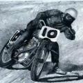 Painting of man on a motorcycle. 