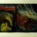 Abstract dark painting with a man's face sideways who depicts an angry expression. 