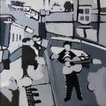 Painting of men with instruments in a black and white street. 