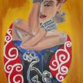 Painting of an elegant woman with her hand covering half of her face. 