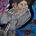 Multimedia piece with an elegant woman reaching at her earring. 