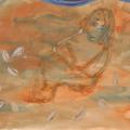 Rich ochre-colored background with the outlines of what appears to be a woman, yet, as if covered slightly by fog, or perhaps a view of her within the ground.